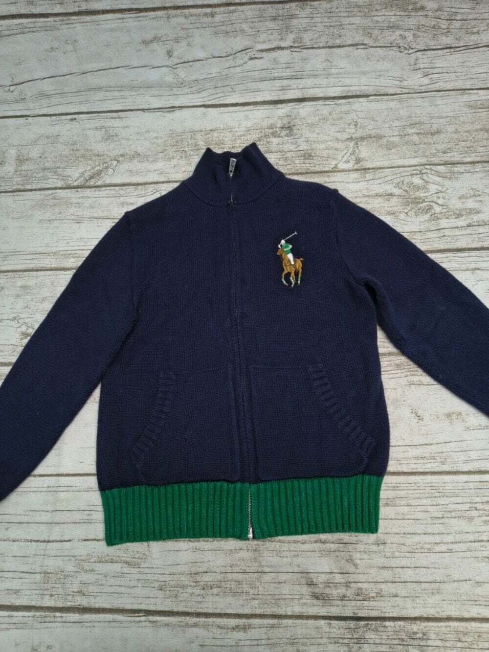 Polo Ralph Lauren Navy Green Full Zip Knit Sweater Youth Boys Size 7